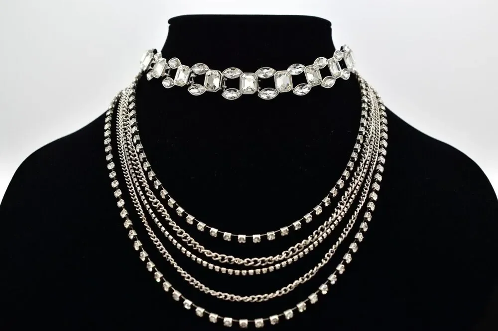 Vintage Choker Layered Necklace Rhinestone Crystal Silver Multi-Chain Y2K BinBJ